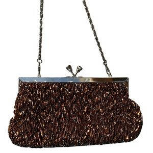 Bronze Brown Beaded Evening Clutch with Silver Chain rhinestones on kiss latch 8
